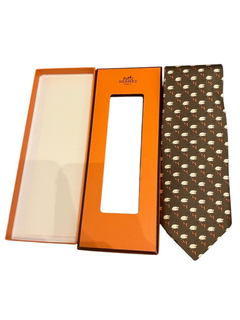HERMES 羊模様 ブラウンネクタイ 専用ボックス付き