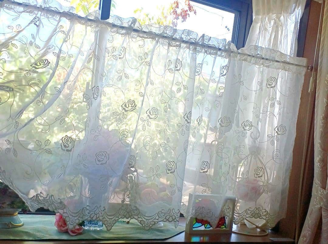 カフェカーテン【バラ刺繍トルコレース　スカラップ】ハンドメイド