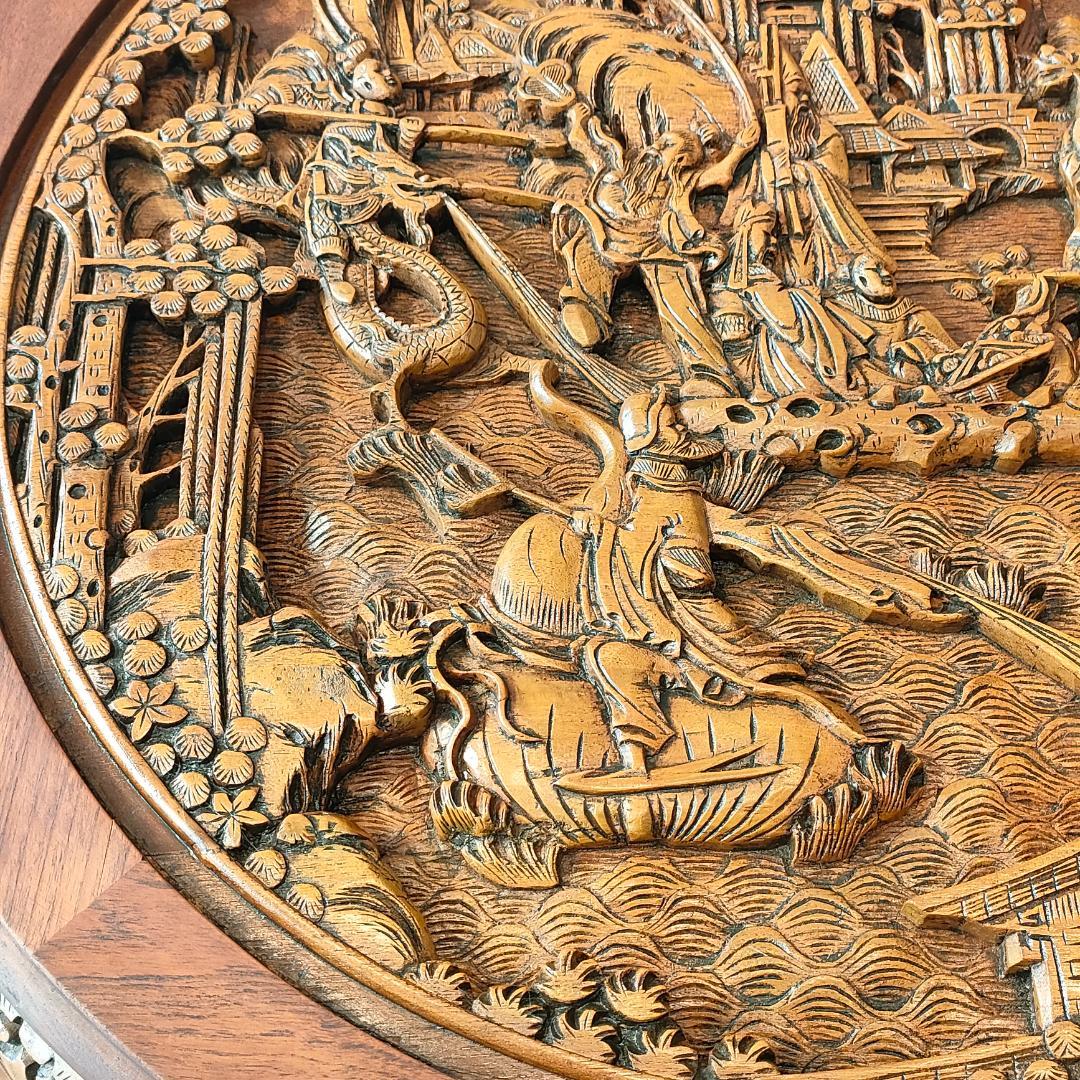 〈美品〉香港製　テーブル　スツールセット　木彫り円卓　猫脚　ガラス天板付き