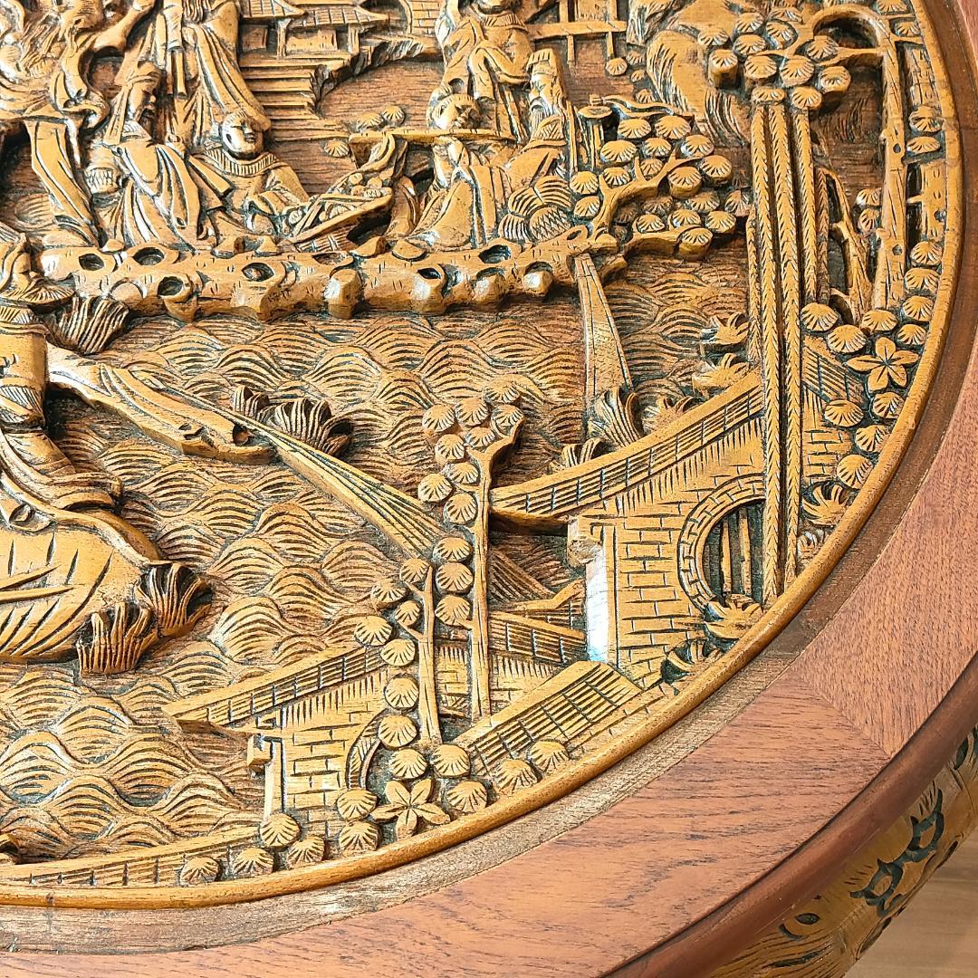 〈美品〉香港製　テーブル　スツールセット　木彫り円卓　猫脚　ガラス天板付き