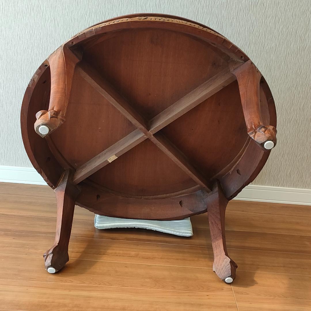 〈美品〉香港製　テーブル　スツールセット　木彫り円卓　猫脚　ガラス天板付き