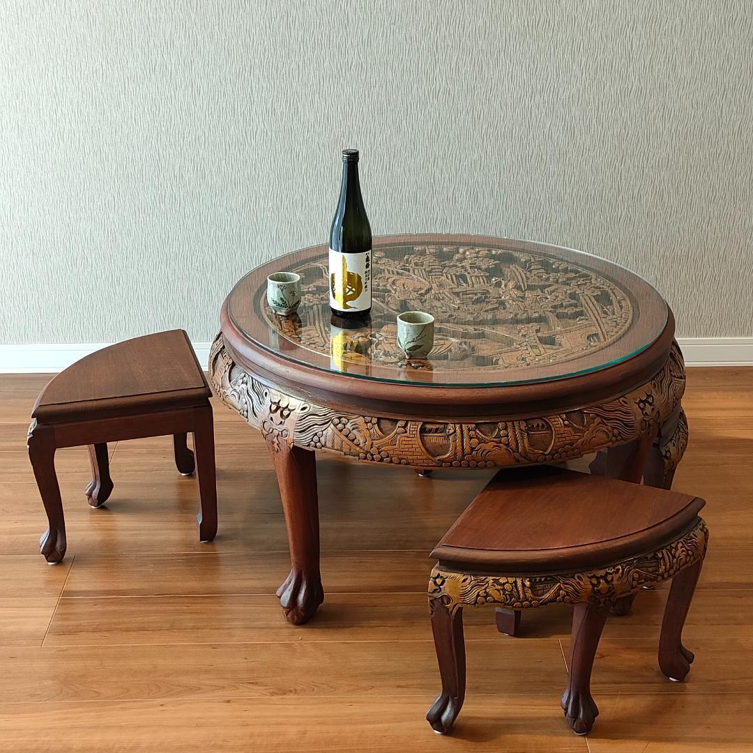 〈美品〉香港製　テーブル　スツールセット　木彫り円卓　猫脚　ガラス天板付き