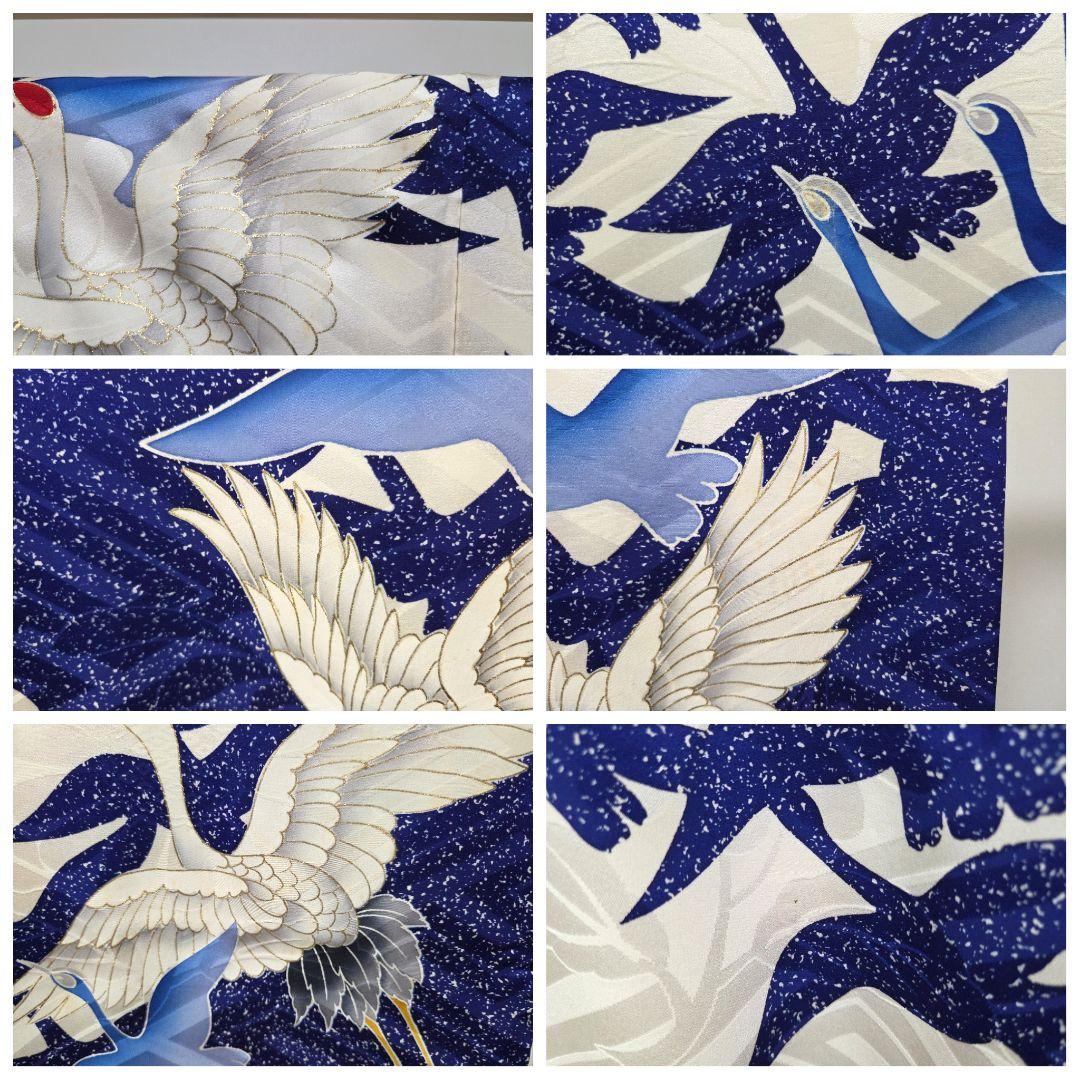 B◆着物くつろぎ レトロ 鶴模様 金彩 白 青 袷 正絹 成人式 振袖 着物