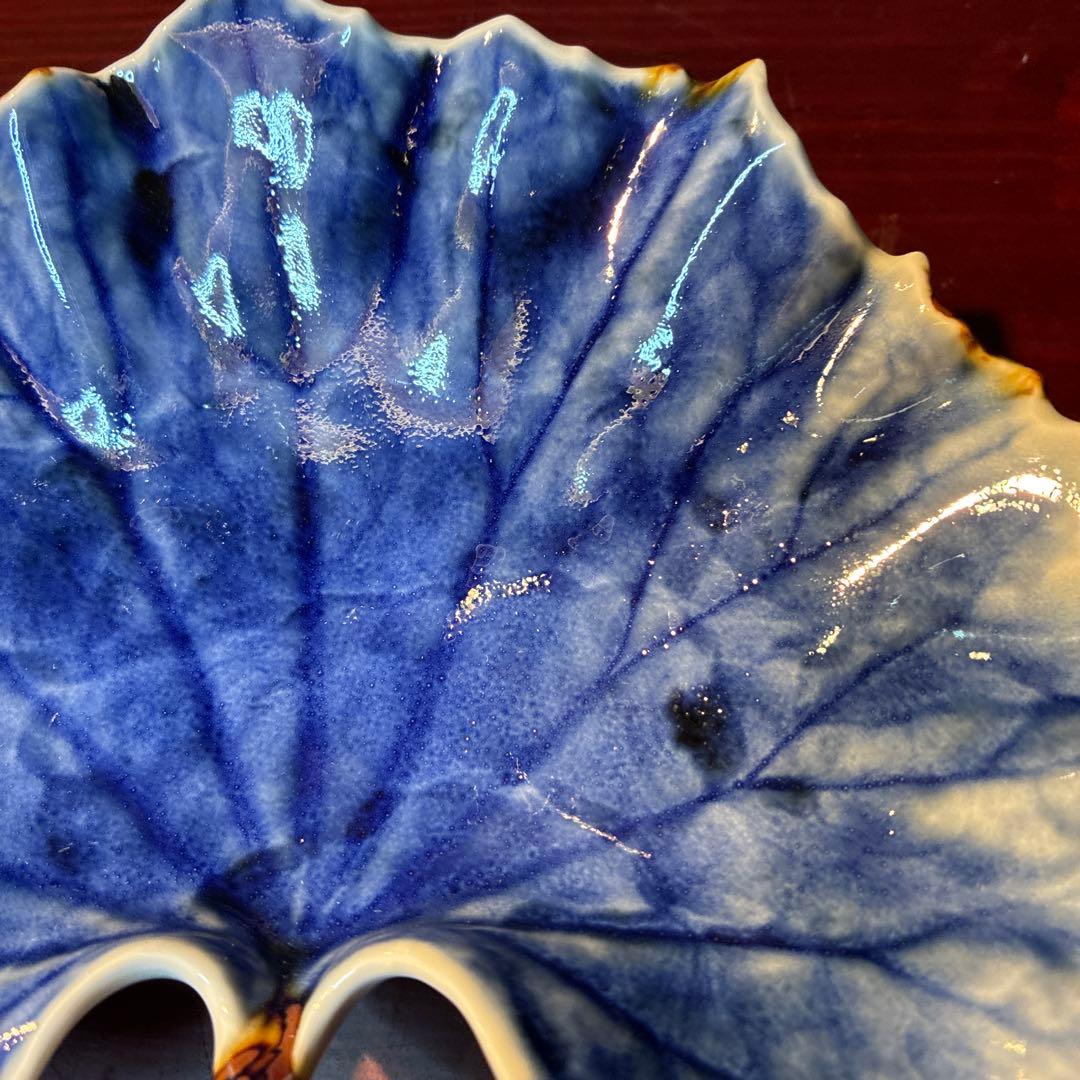 有田焼　福泉窯 つわぶき青色 磁器皿 葉型 約18cm