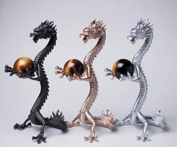 ドラゴン タイガーアイ丸玉付き ３体セット 高さ15cm 龍の置物 竜 風水