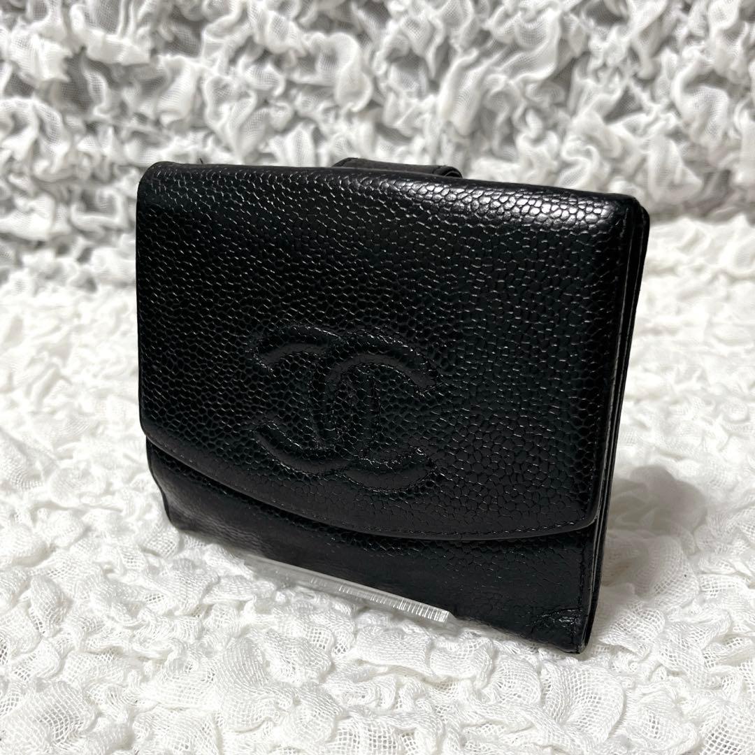 CHANEL✨シャネル キャビアスキン 折り財布 ココマーク ブラック