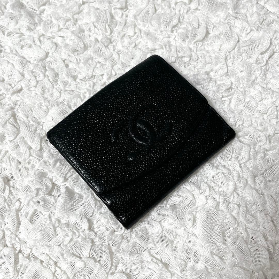 CHANEL✨シャネル キャビアスキン 折り財布 ココマーク ブラック