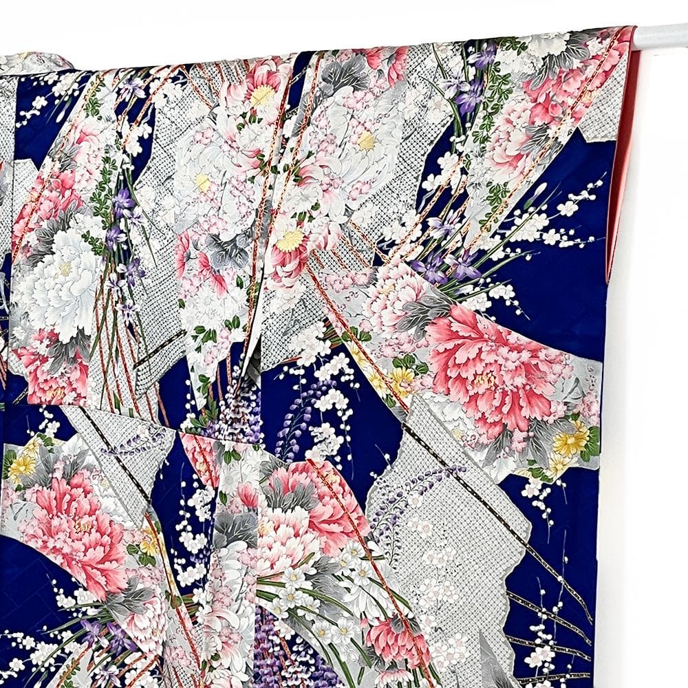 千總 振袖 正絹 青 友禅染 綸子 ちりめん 中古 花 №ymk0085