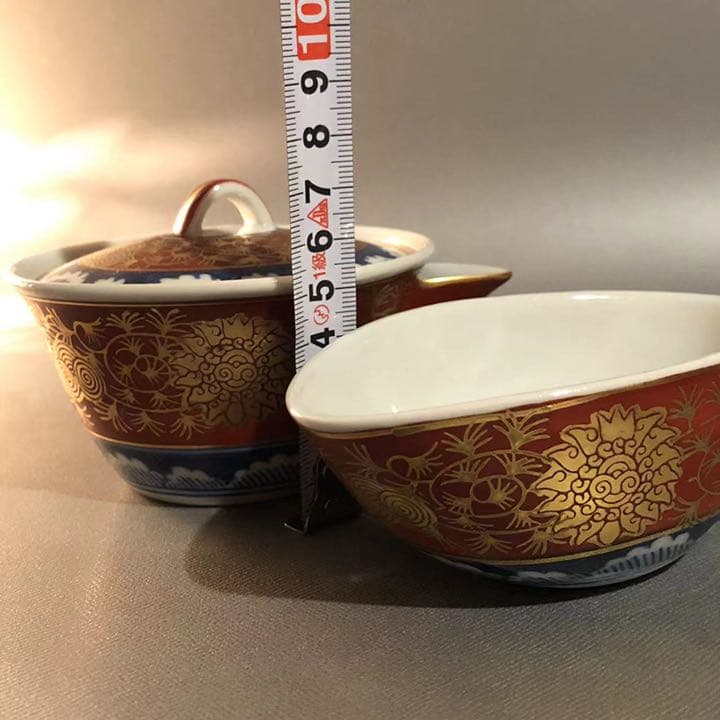 H676、九谷焼 上長右衛門 金蘭手 茶器7点セット