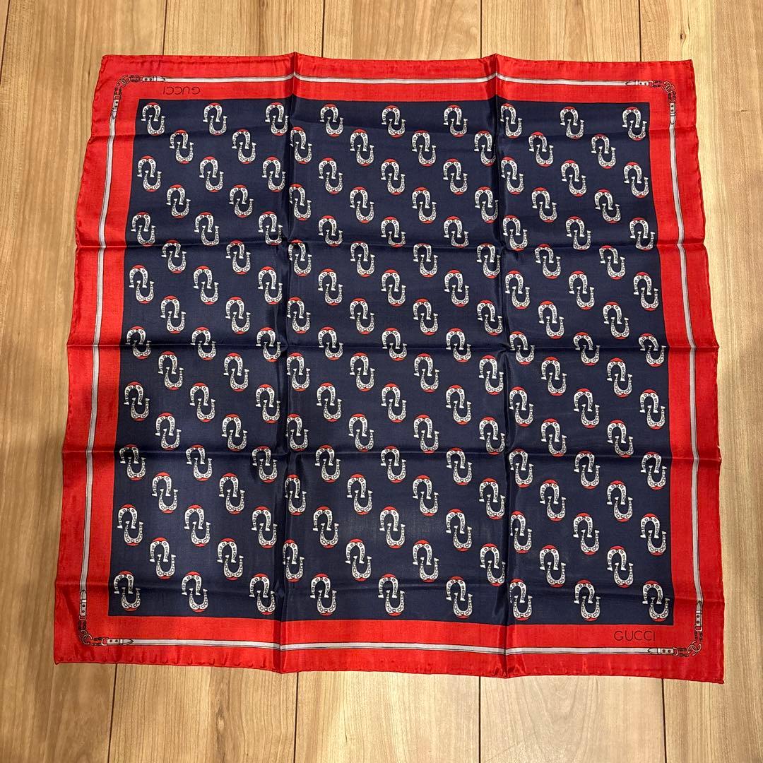 GUCCI シルク スカーフ ネイビー レッド