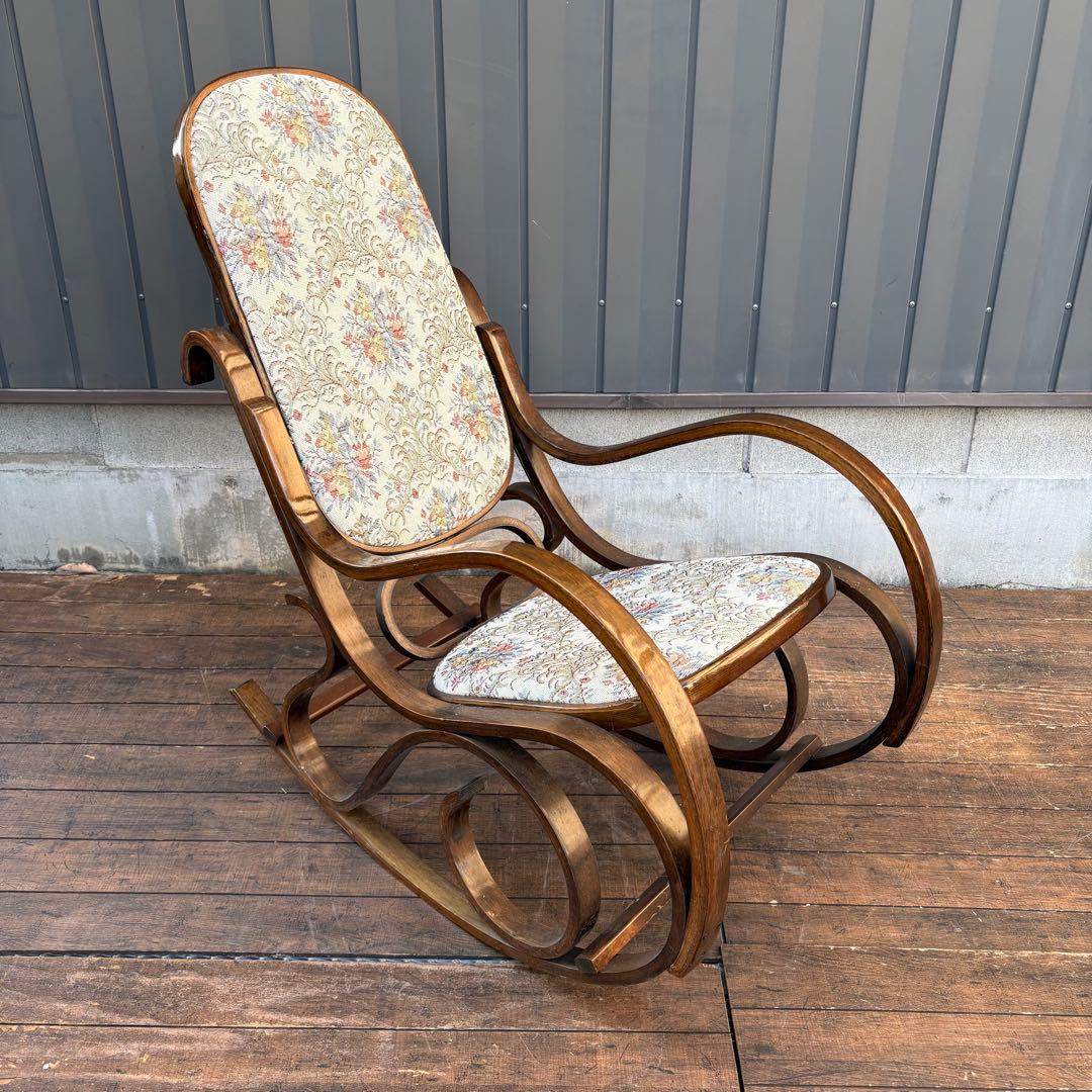 昭和レトロ 木製 ベントウッド 花柄ゴブラン織り ロッキングチェア アームチェア
