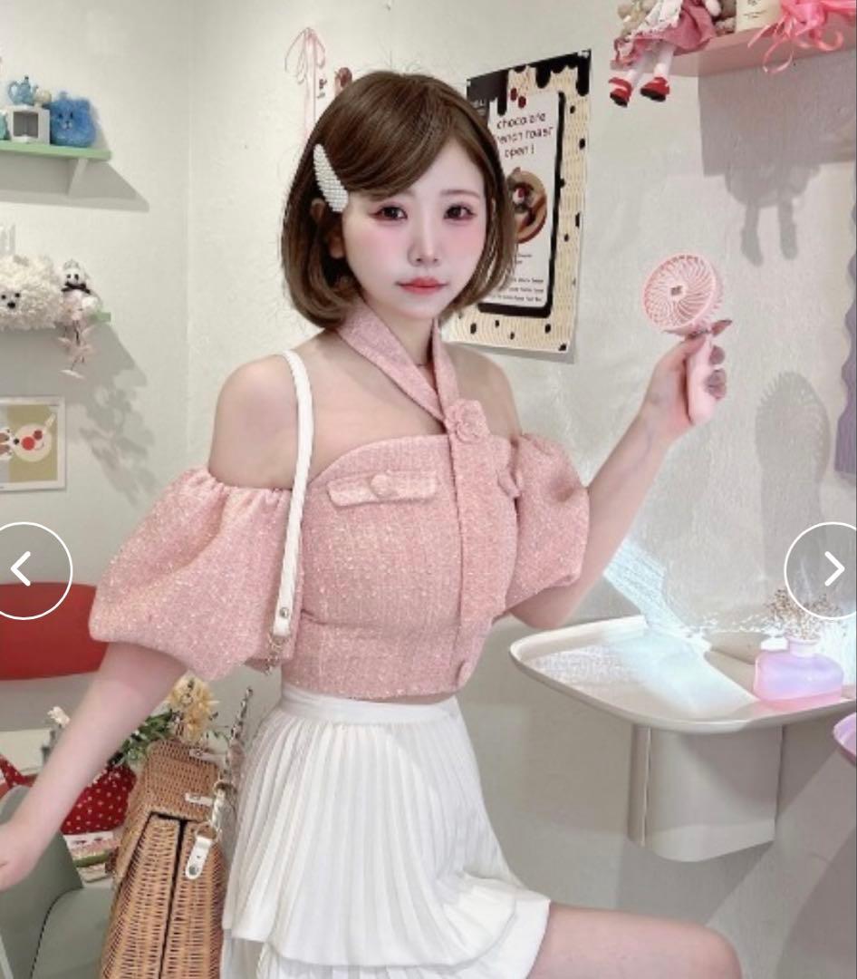 Darich ダーリッチ　ホルターネックオフショルツイードトップス　PNK