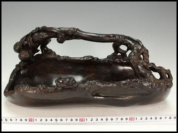 中国美術 紫檀 刻 枝果実 蝸牛 手付 器 39cm 希少(K-A237)