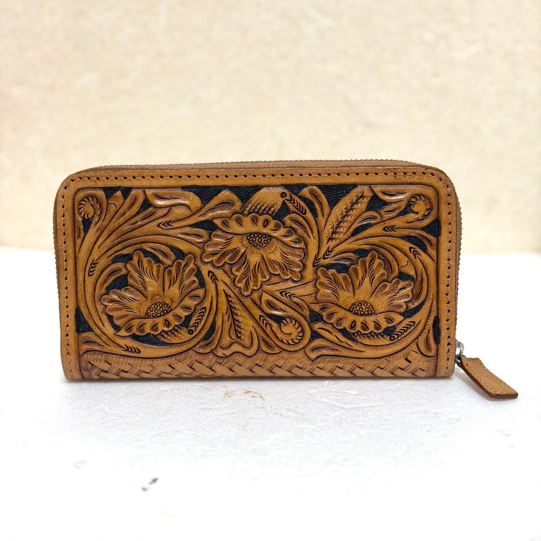 【職人魂】肉厚 カービング長財布 ラウンドファスナー 飴色エイジング