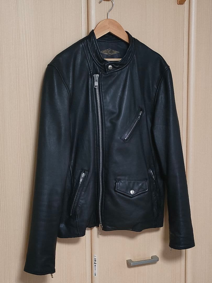 本*り様 美品 AWESOME LEATHER スタンドダブルライダースジャケッ