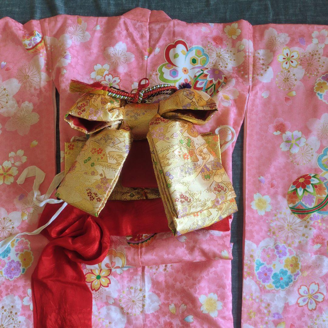 七五三　正絹　着物　ピンク　桜　７歳　フルセット
