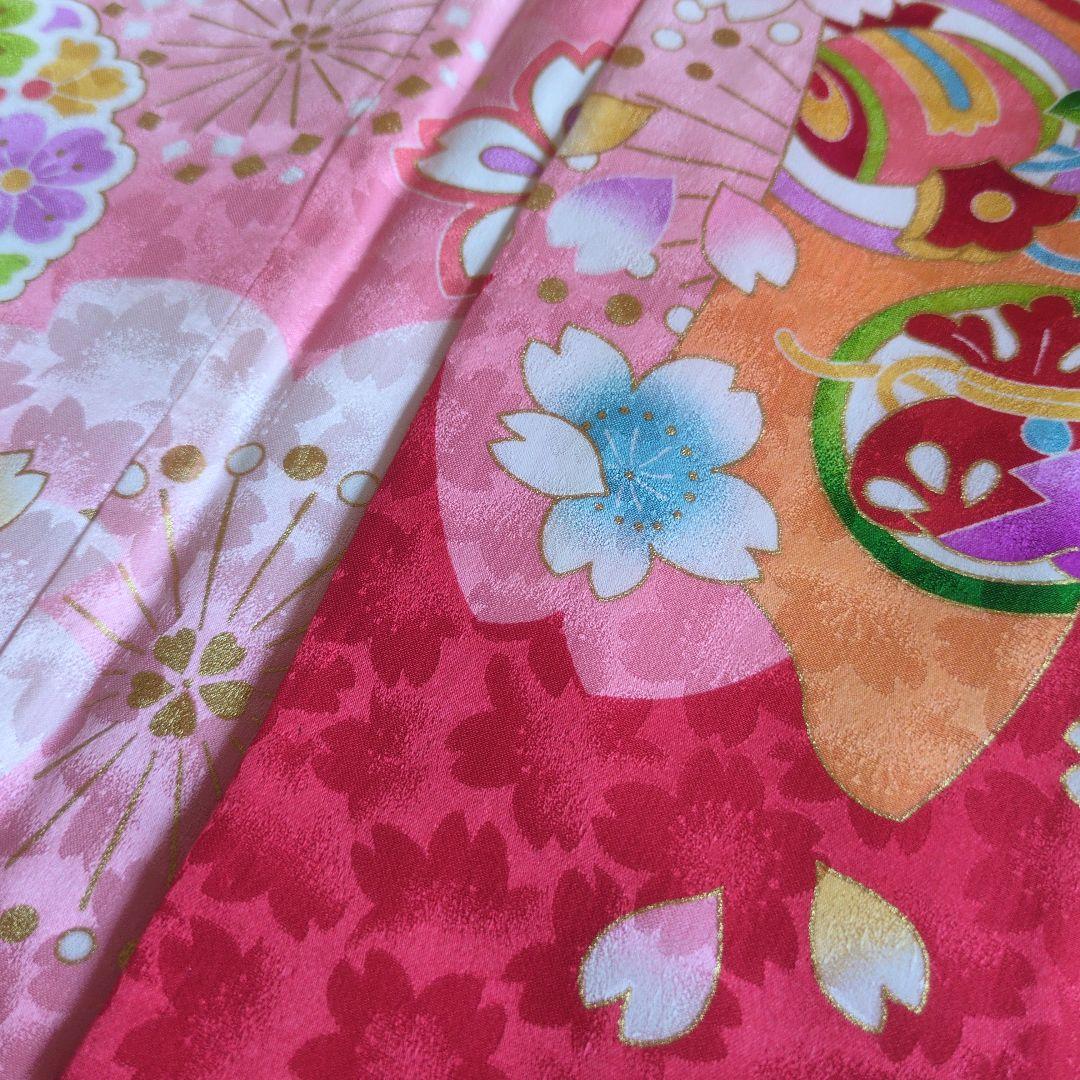 七五三　正絹　着物　ピンク　桜　７歳　フルセット