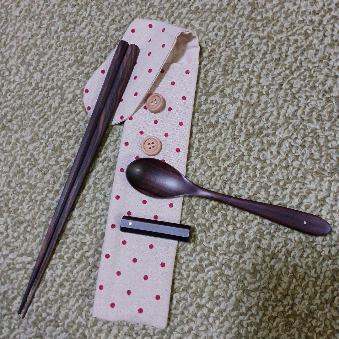 マルナオ　木製八角箸、箸置き、スプーンセット 水玉模様箸袋つき