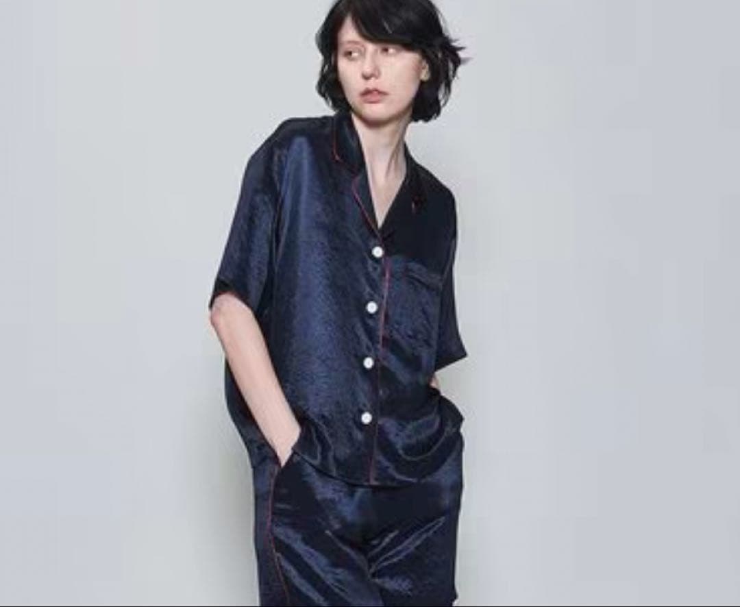 6(ROKU) パイピング オープンカラーシャツ　ネイビー　サテンシャツ　36