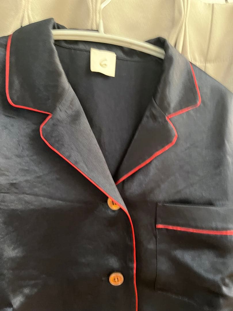 6(ROKU) パイピング オープンカラーシャツ　ネイビー　サテンシャツ　36