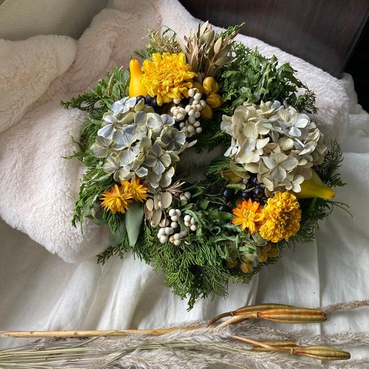 レモンイエロー　クリスマスリース　新春リース　グリーンリース　クリスマス