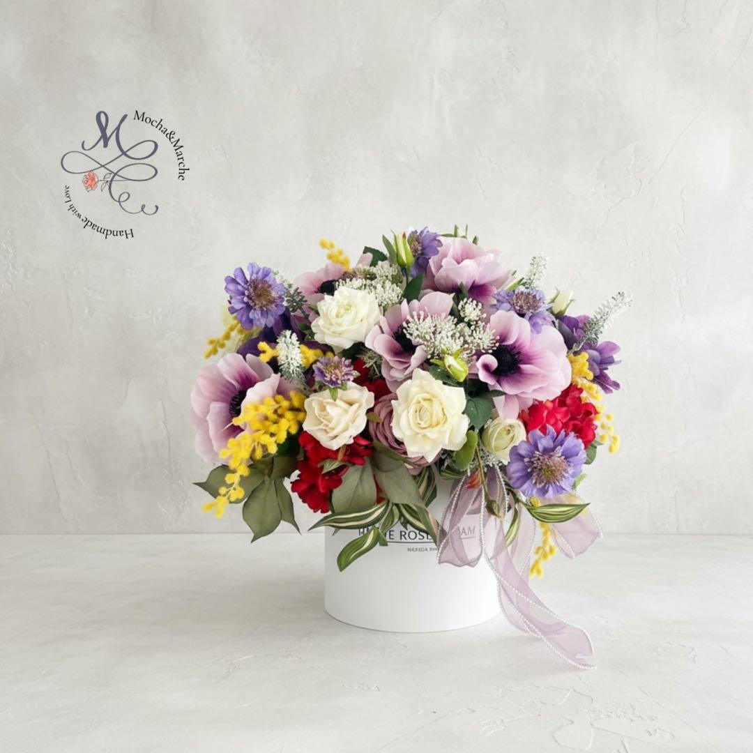 光触媒フラワー アネモネとミモザの春彩ボックスフラワー｜華やか春ギフト 春飾り