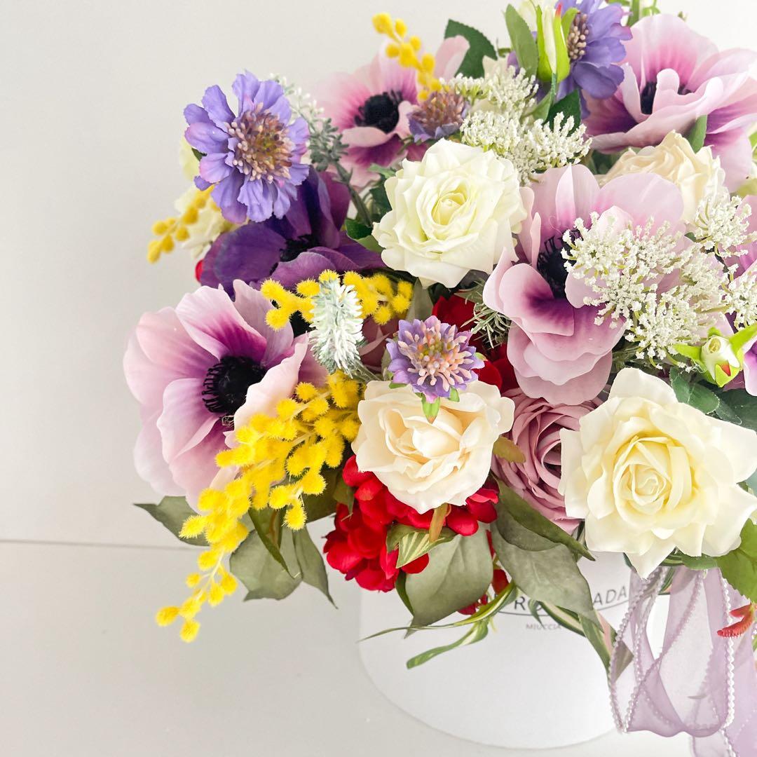 光触媒フラワー アネモネとミモザの春彩ボックスフラワー｜華やか春ギフト 春飾り