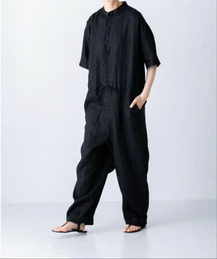 未使用　かぐれ　リネンハーフスリーブ オールインワン　Black スタンドカラー