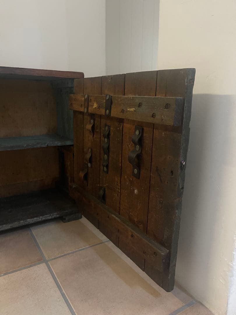 ヴィンテージ 木製本棚・収納キャビネット ペイント剥離・手書き文字あり｜工業系