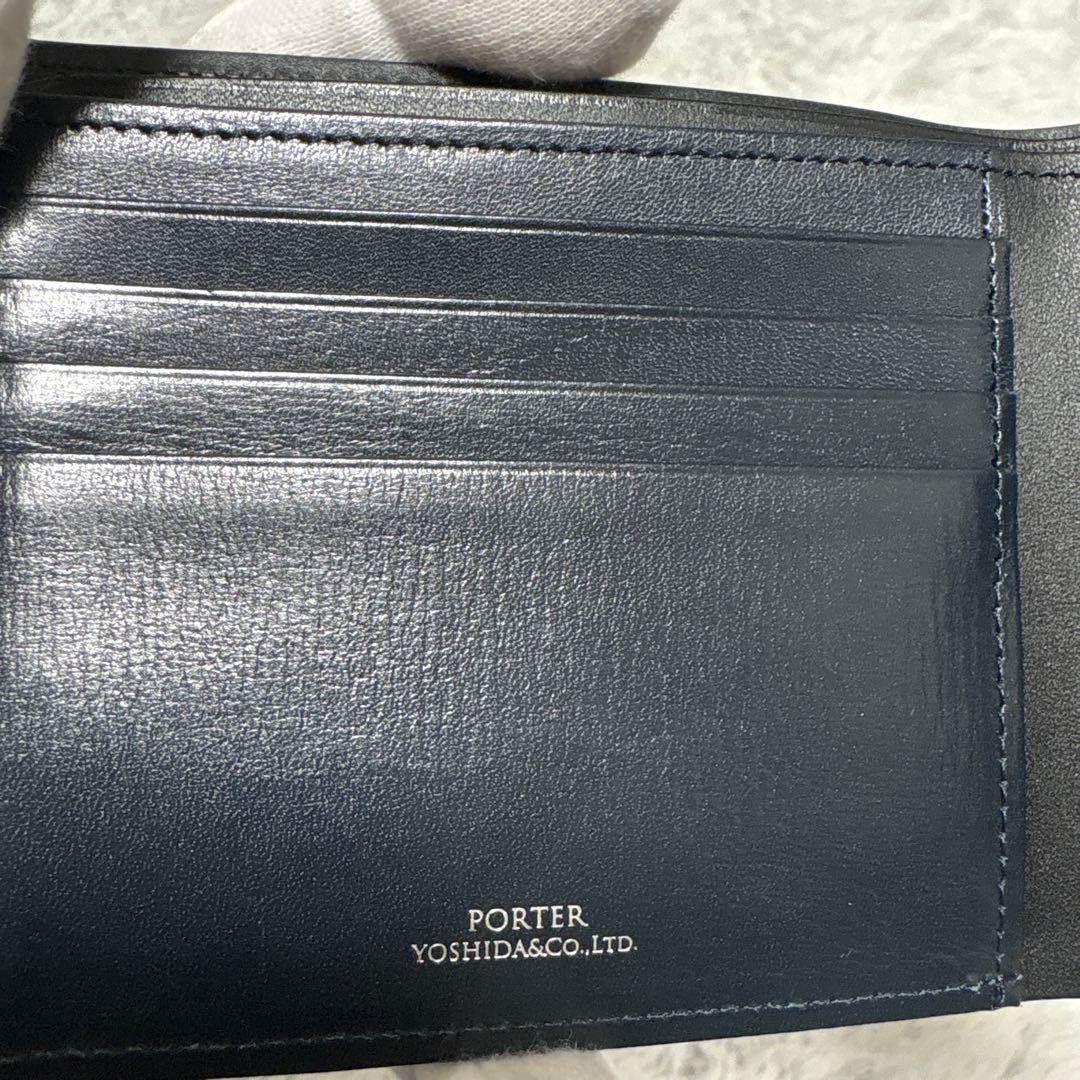 ポーター　プリュム　二つ折り財布　ロゴプレート　ネイビー　レザー
