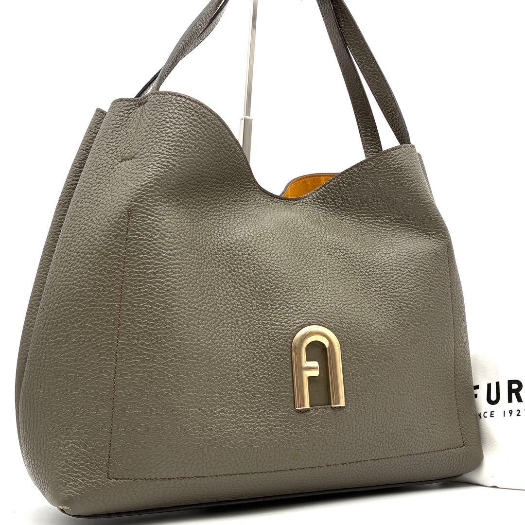 美品 フルラ プリムラ ホーボーバッグ L レザー 肩掛け A4可 カーキ