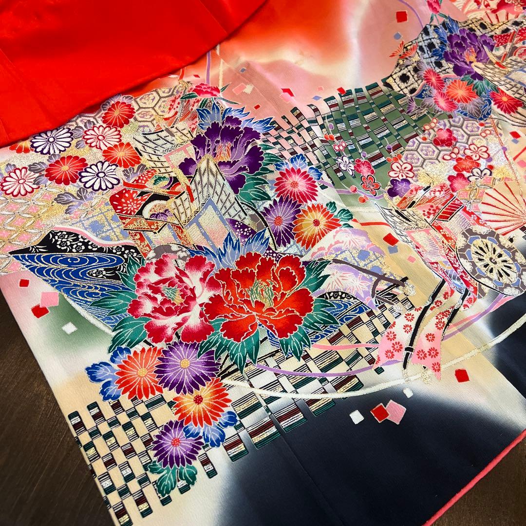 アンティーク 七五三 七歳 着物 作り帯 草履他小物一式 フルセット 御所車 絹