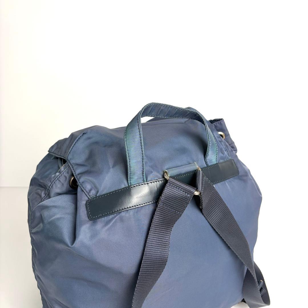 美品 PRADA プラダ リュック 三角ロゴプレート ナイロン レザー ブルー