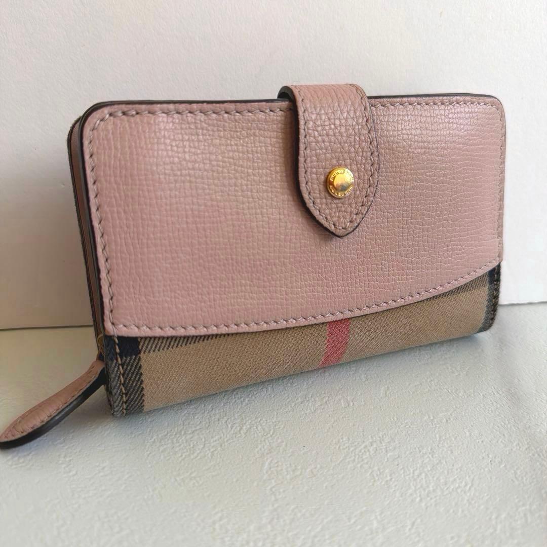 希少 BURBERRY バーバリー メガチェック 二つ折り財布 くすみ ピンク