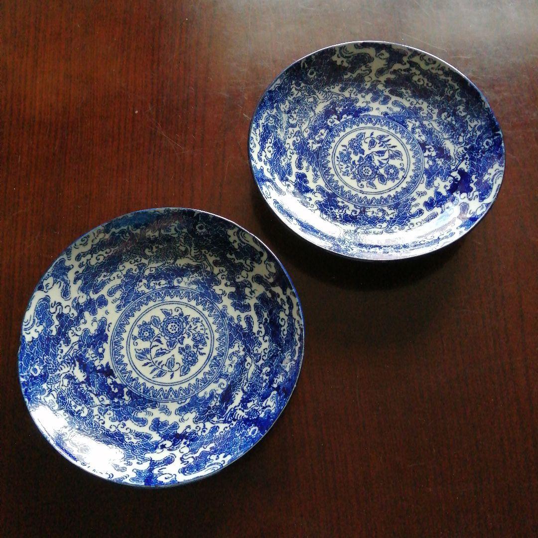 古伊万里　紙摺印判染付大皿　2枚　26cm　江戸後期～明治期