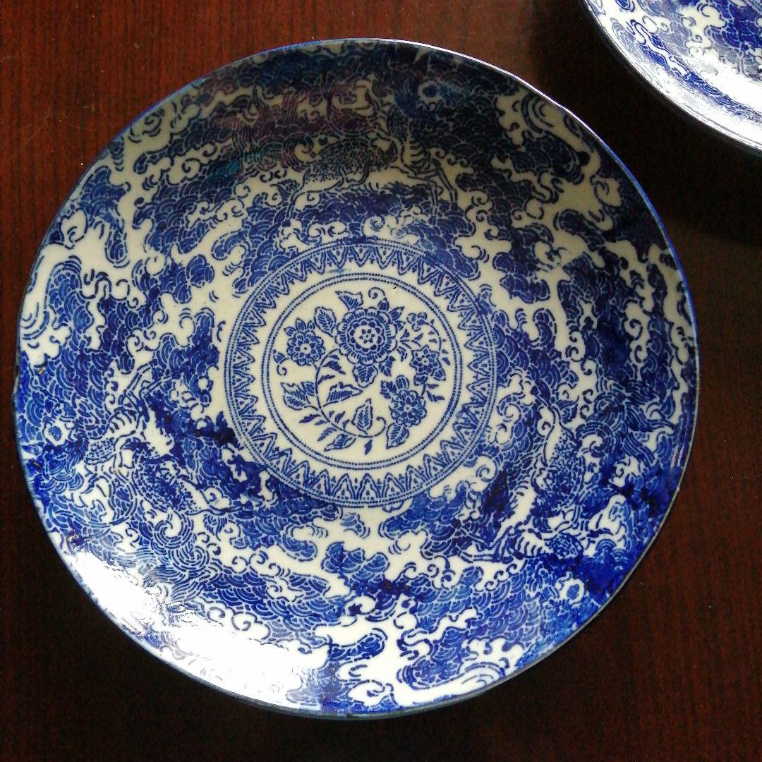 古伊万里　紙摺印判染付大皿　2枚　26cm　江戸後期～明治期