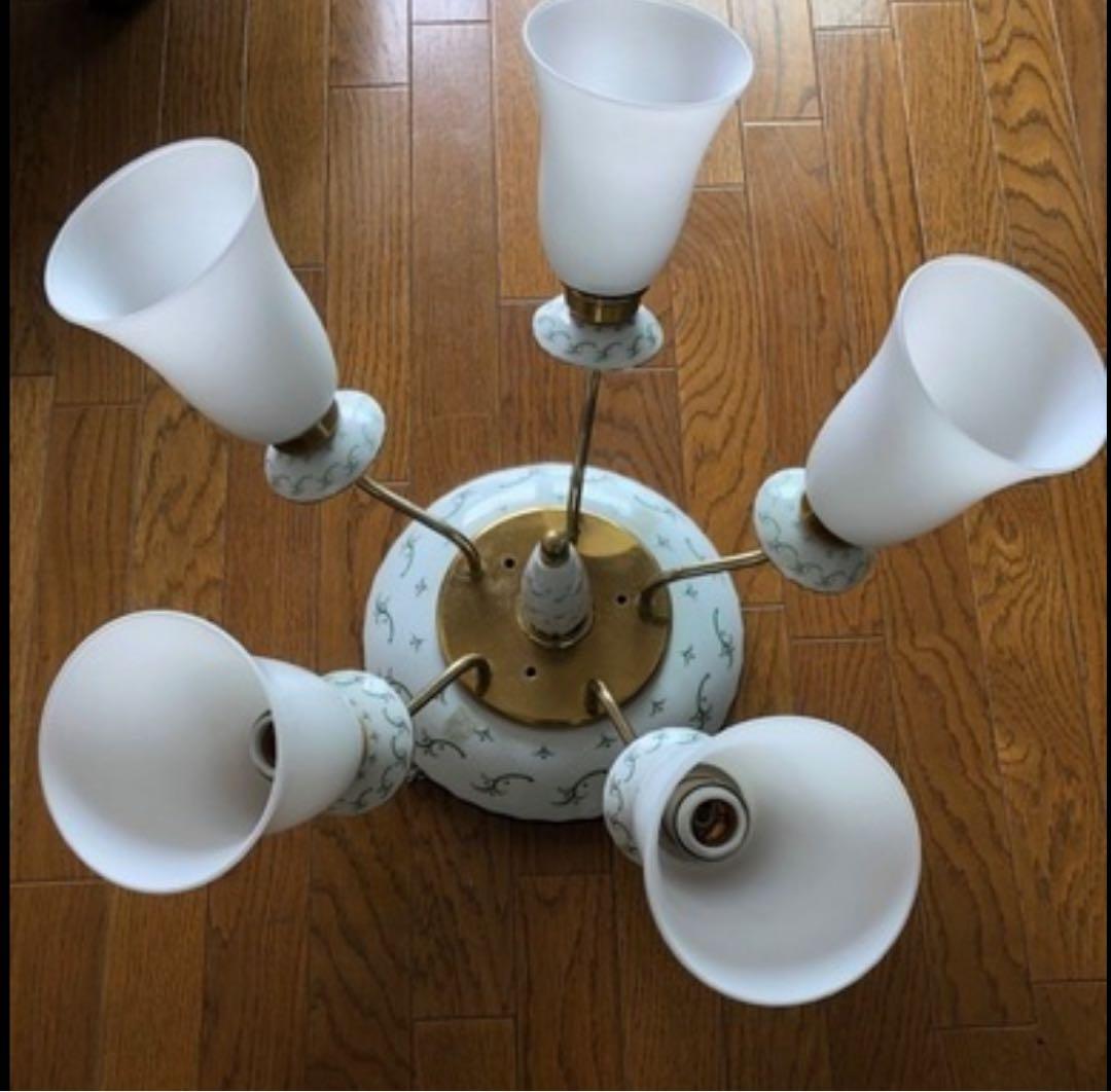 アンティーク　オーヤマ照明　陶器　シャンデリア照明ライトランプ小花柄 5灯 ①