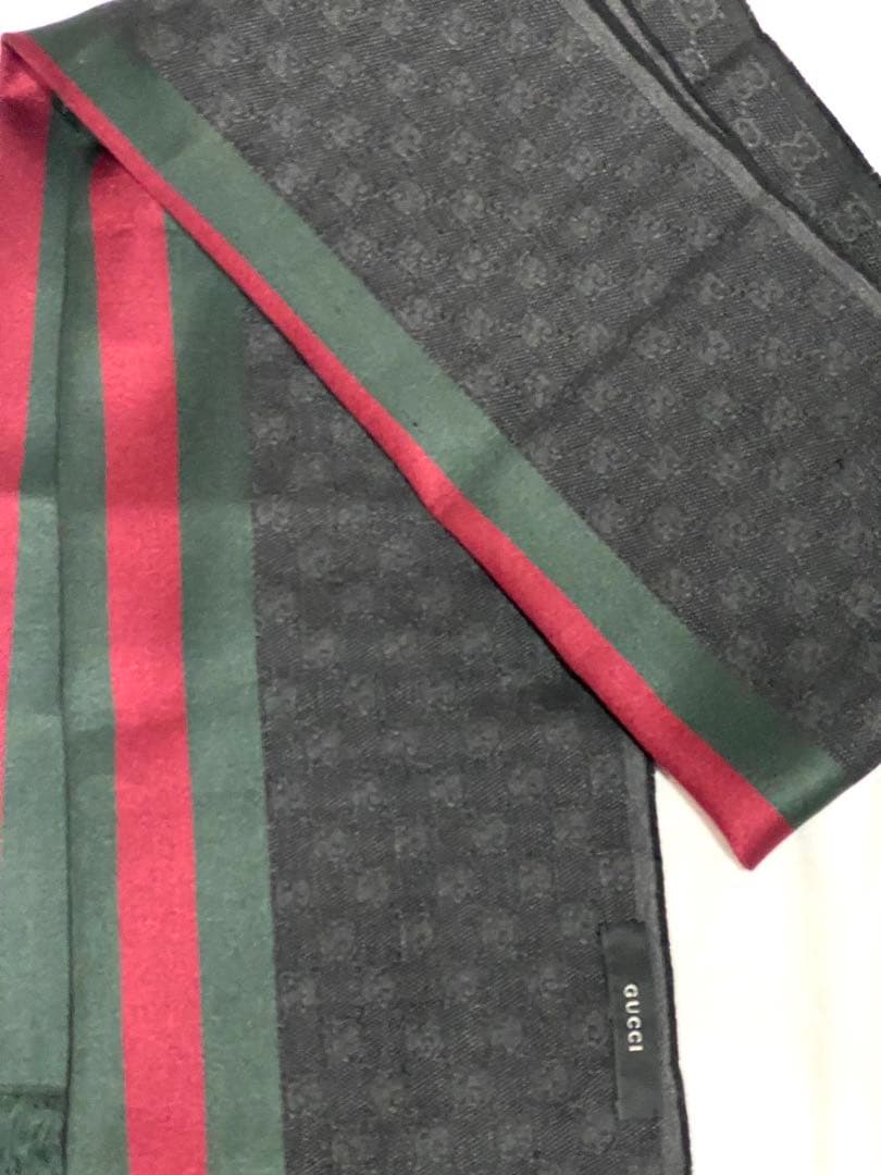 【王道】GUCCI GGパターン シルク混マフラー シェリーライン 黒 緑 赤