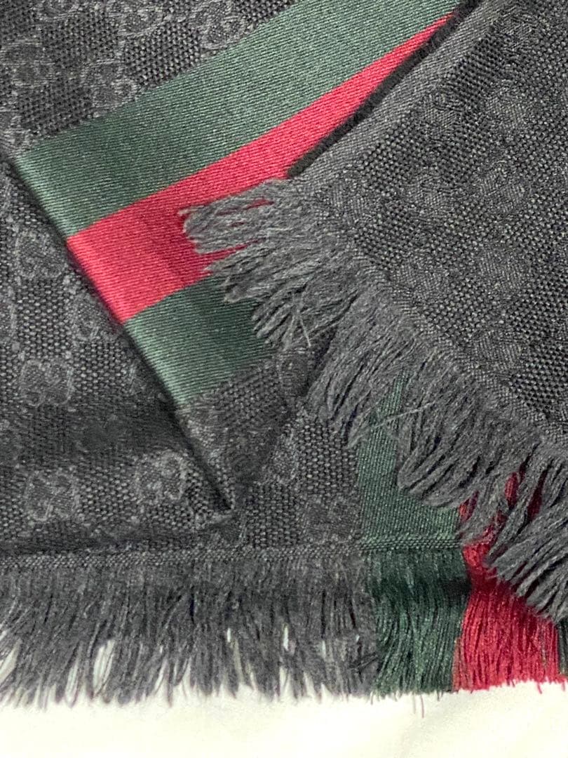 【王道】GUCCI GGパターン シルク混マフラー シェリーライン 黒 緑 赤
