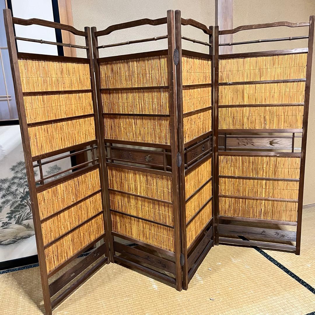 天津　御簾屏風　天然木　竹