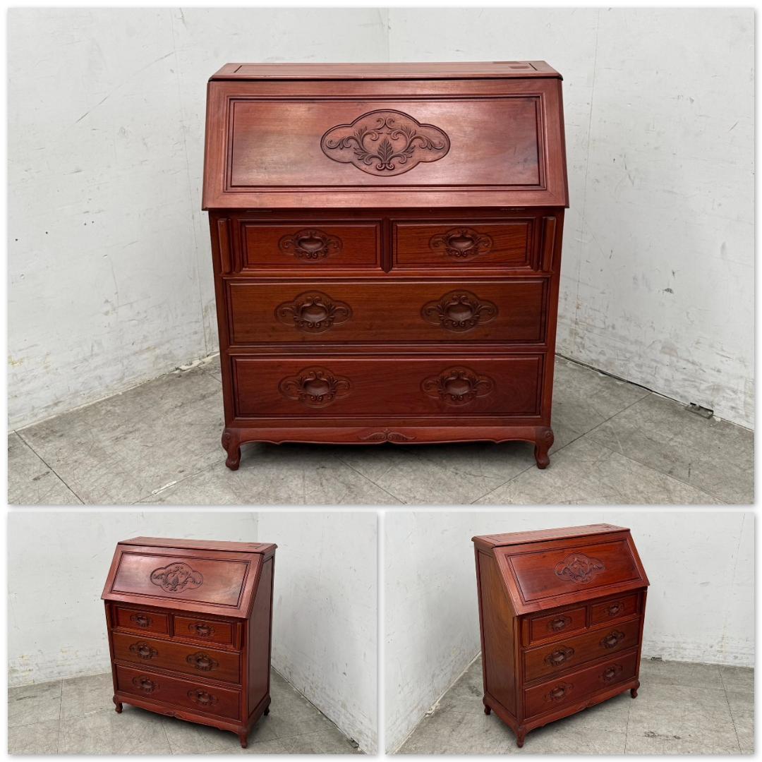 T1169☆ライティング　ビューロー　唐木家具　無垢材　花梨　椅子付き