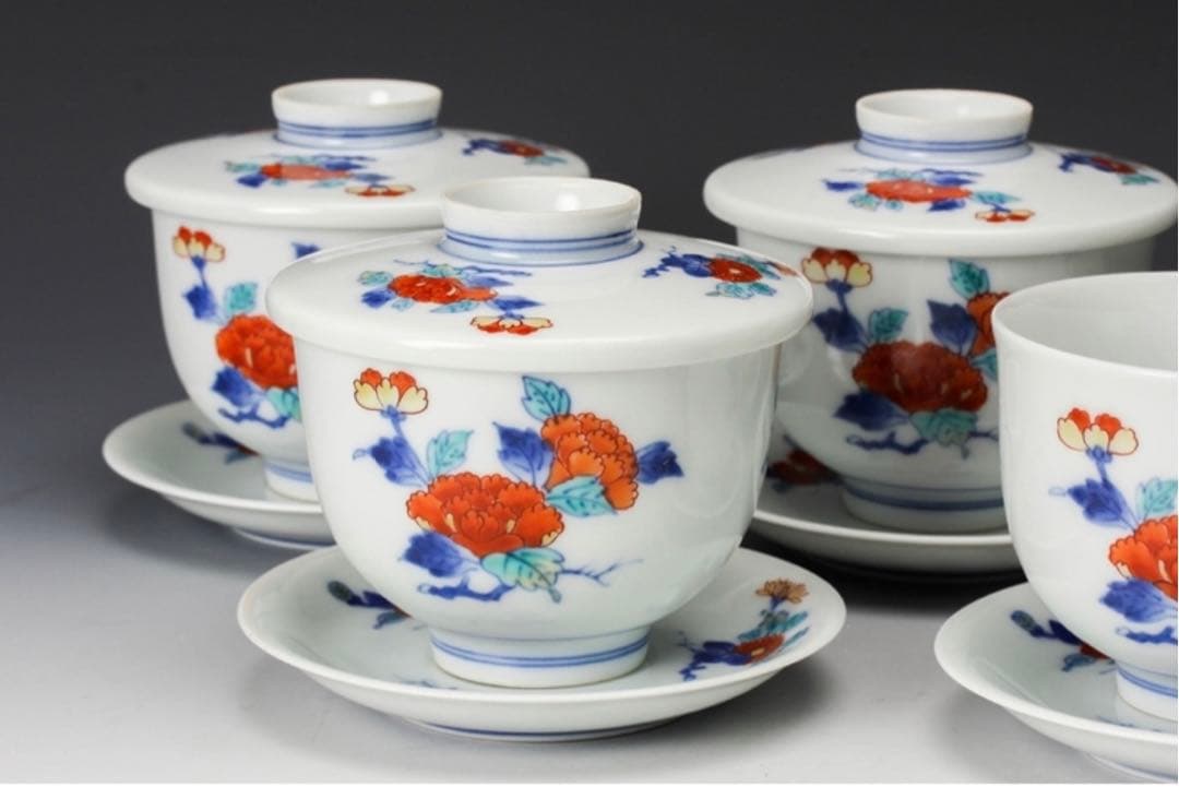 【極レア】十一代 今泉今右衛門 錦三方花絵蓋碗 五客