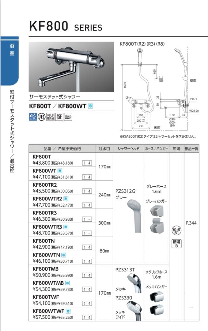 KVK サーモスタット式シャワー混合栓 KF800WT 170mmパイプ付