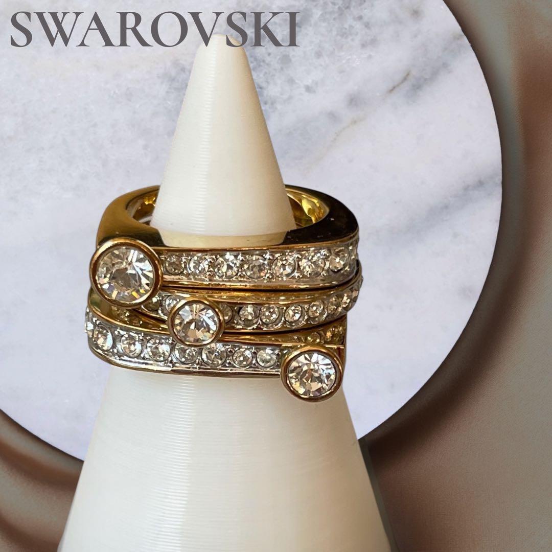 美品◆スワロフスキー アレンジ自在キラキラ輝きリング3点ゴールド色 指輪 10号