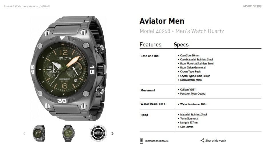 インビクタ『Aviator 40268』★デュアルタイム機能★ガンメタカラー