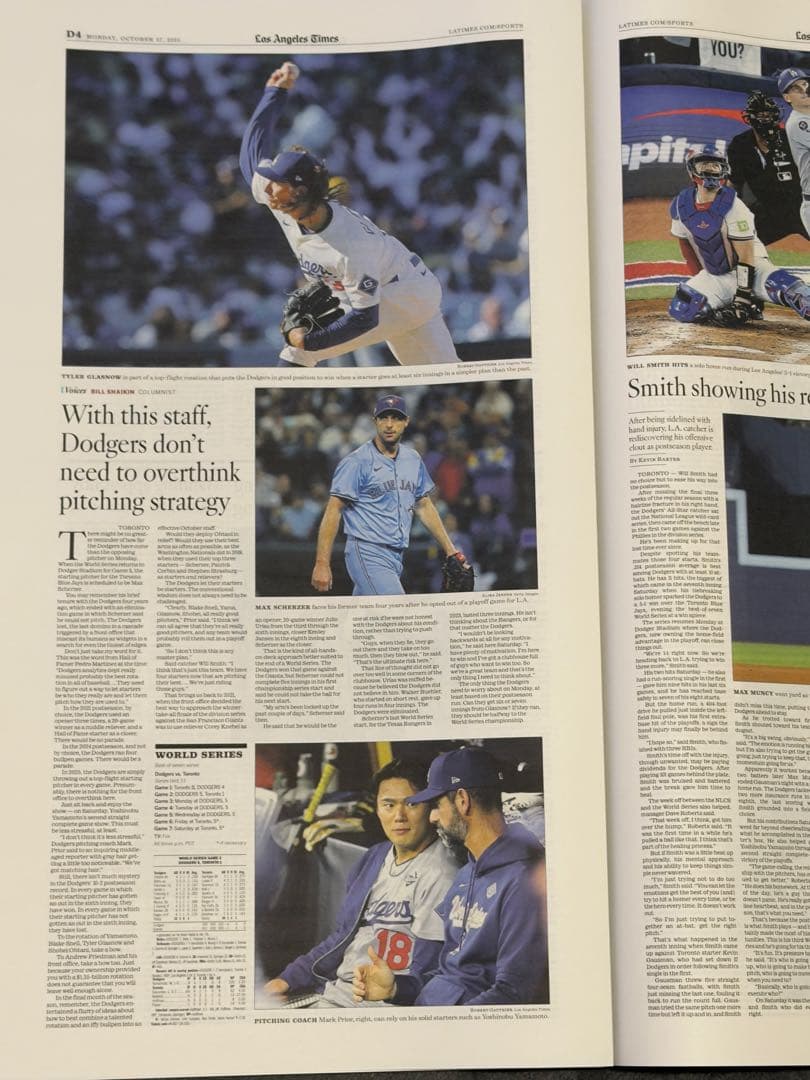 ドジャース 山本由伸 『大偉業達成】ロサンゼルスタイムズ　額縁入り\"WS第2戦\"
