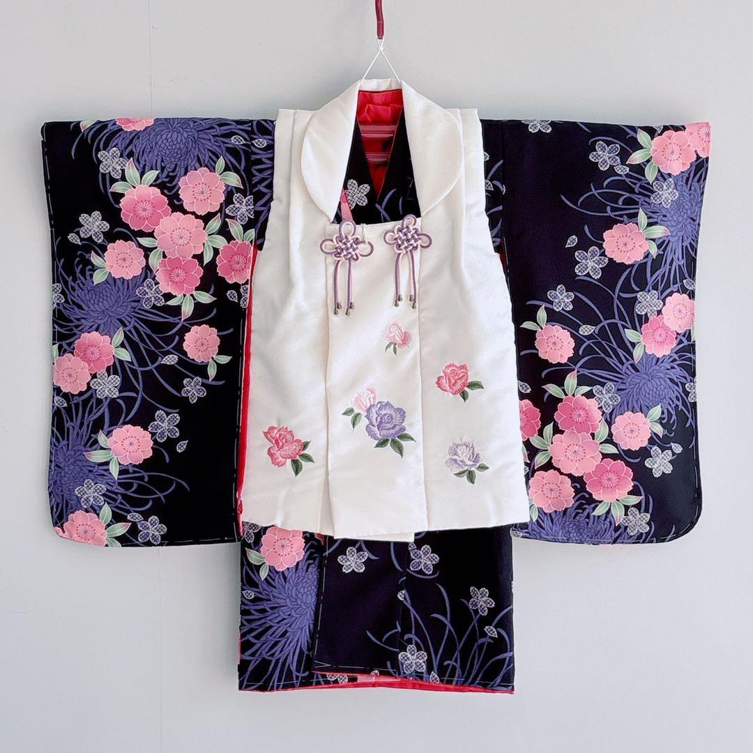 【フルセット】【新品未使用】七五三　3歳女の子　白×黒　バラ桜