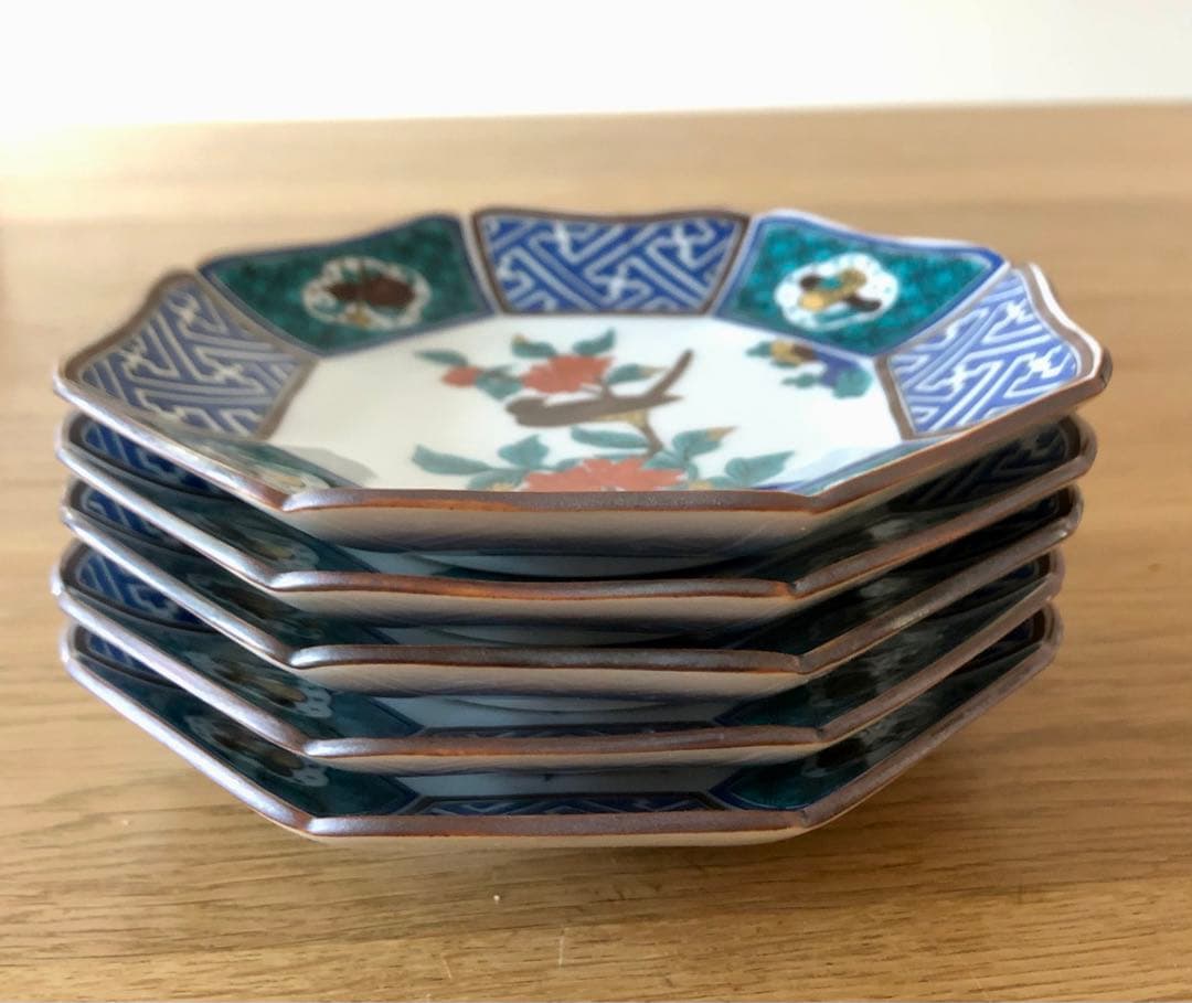期日限定値下げ【新品・未使用】九谷焼 青郊窯 色絵花鳥 八角皿 15cm 5枚揃