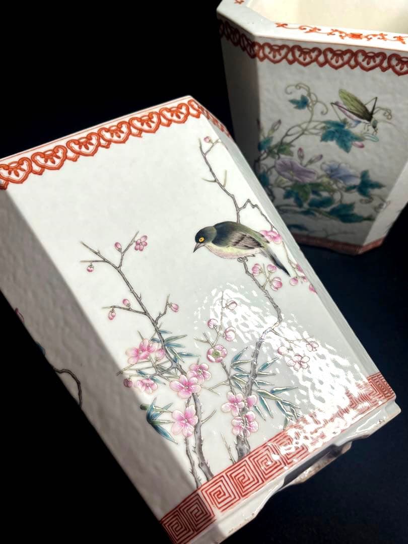 中国美術 磁器 粉彩古盆器 植木本 盆栽鉢 古陶磁器 2点セット