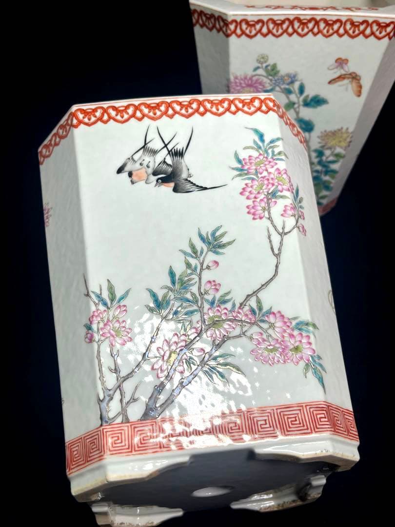 中国美術 磁器 粉彩古盆器 植木本 盆栽鉢 古陶磁器 2点セット